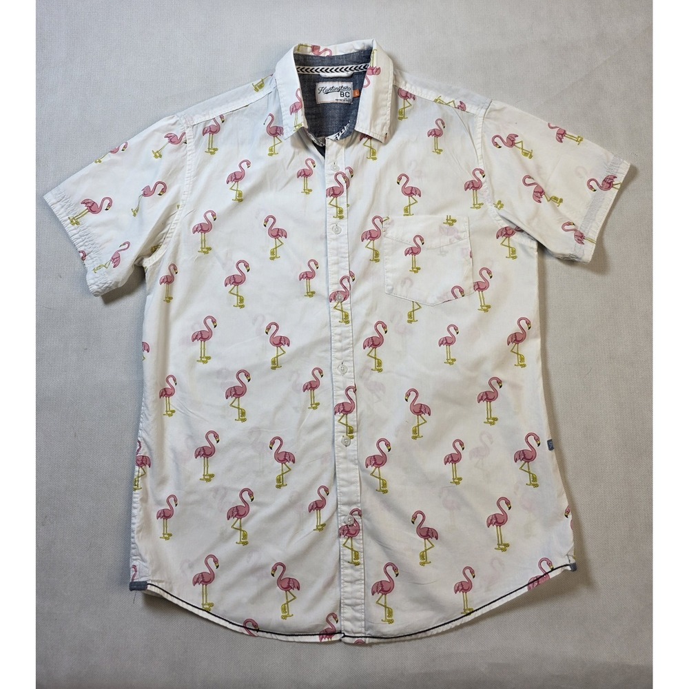 Huntington BC Camp Shirt Mens L White Flamingo Print Button Up SS Tropical Beach